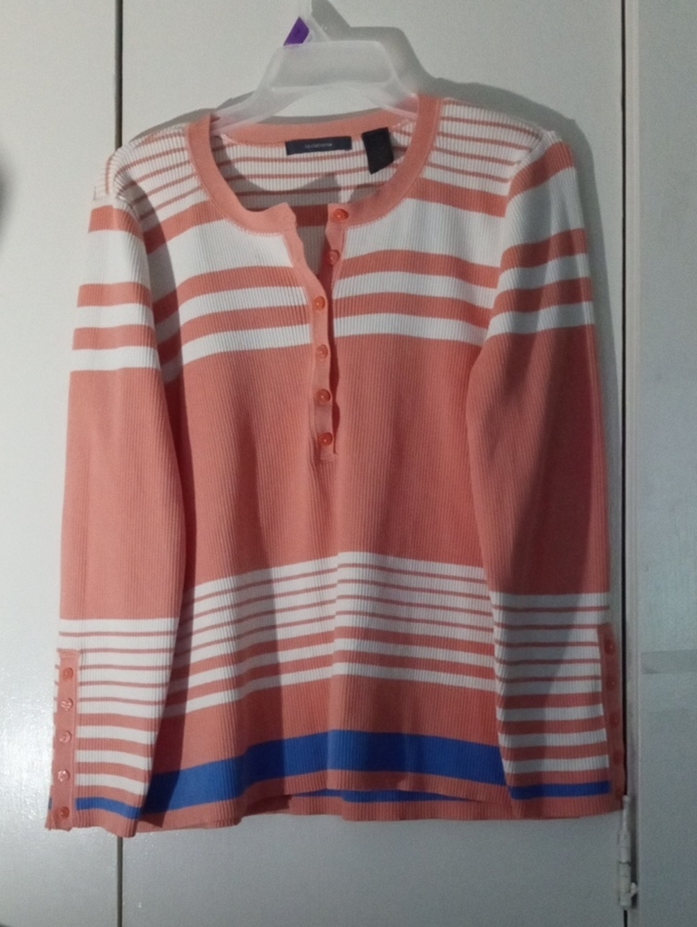 Liz Claiborne Coral, White and Blue Striped V-Neck Henley Sweater Cotton Blend